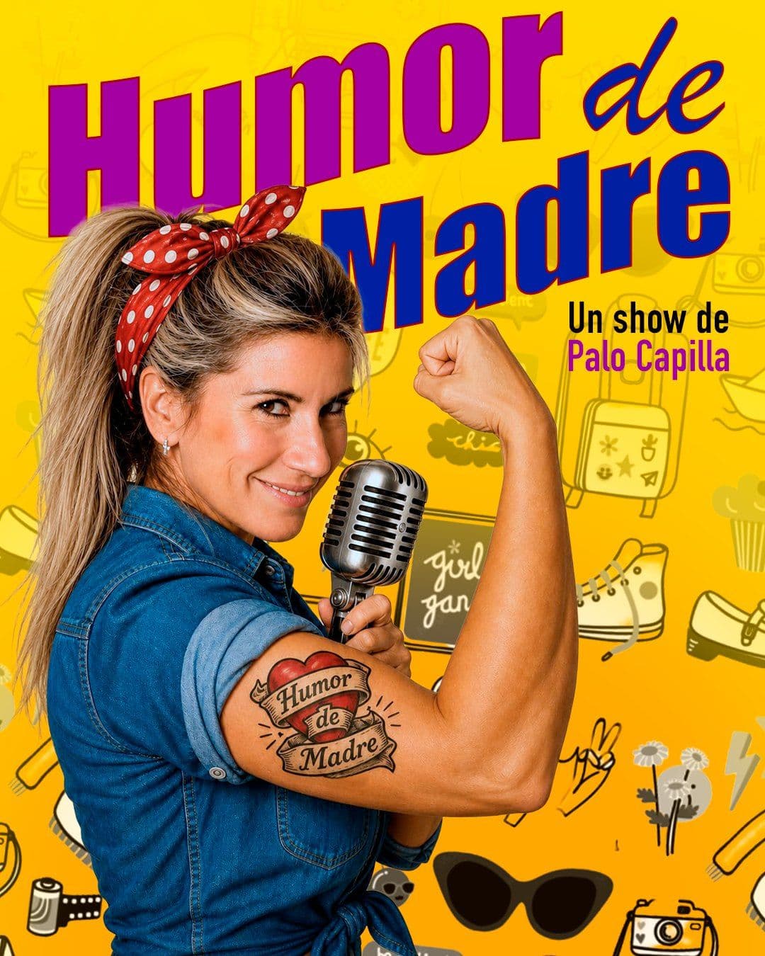 Cartel de Humor de Madre, un show de Palo Capilla: ella con pañuelo rojo y un micrófono antiguo sobre fondo amarillo