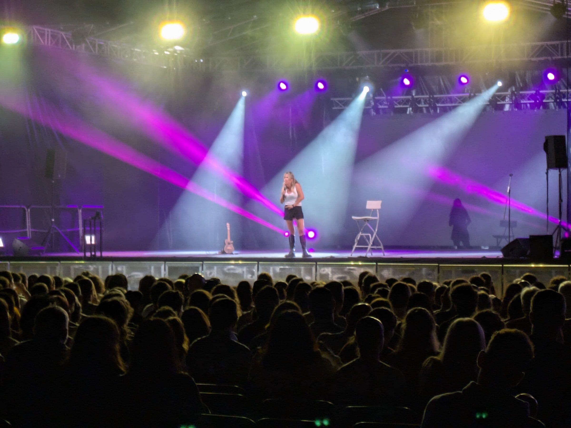 Palo Capilla actuando en un gran escenario con focos morados y rosas ante cientos de espectadores